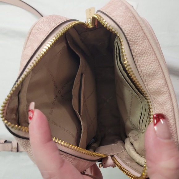 Michael Kors Pink Signature Logo Jet Set Camera Crossbody Bag Gold Chain Strap - Picture 8 of 12